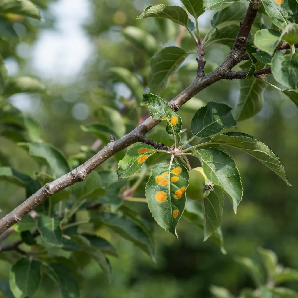 Yellow-orange spots on apple tree leaves, a common fungal leaf disease symptom