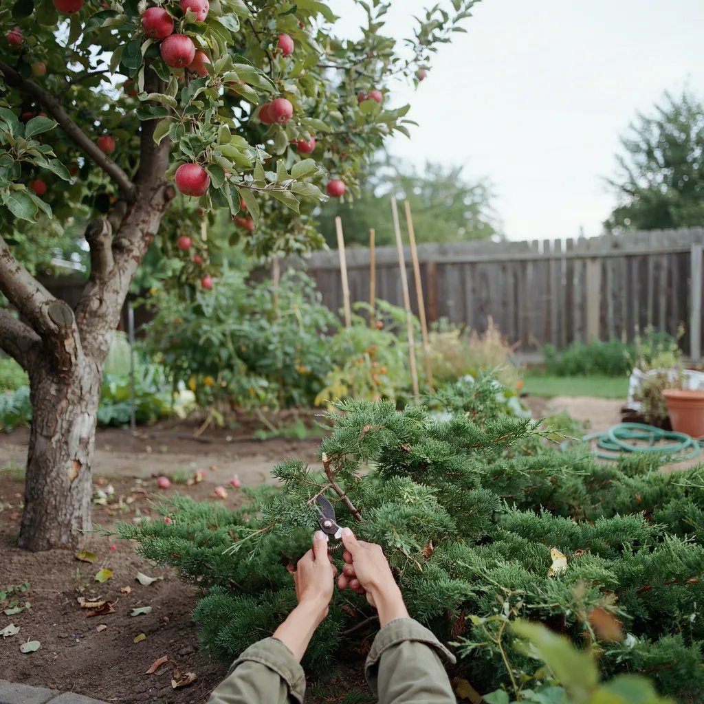 A gardener pruning a juniper branch near an apple tree