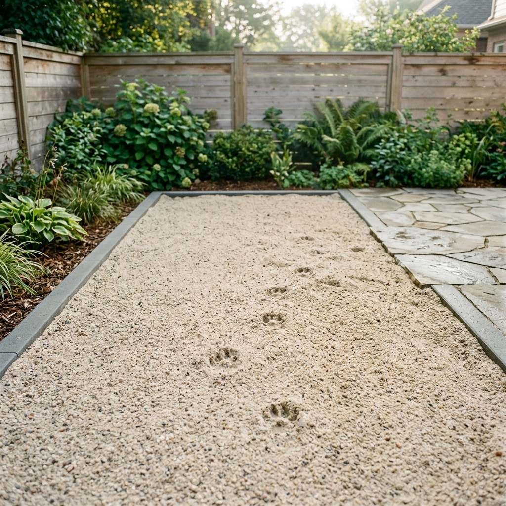 A washed coarse-grade sand dog potty area in a backyard