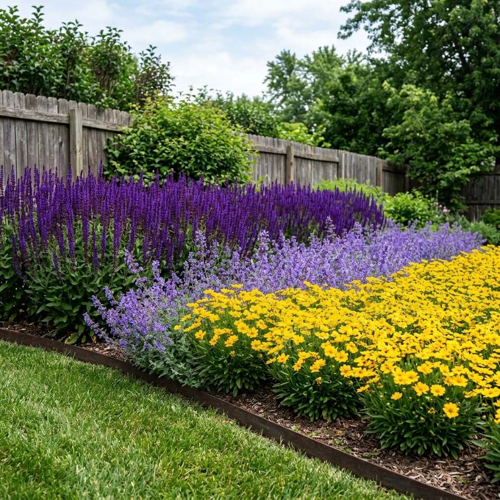 A contemporary backyard border using color-blocked planting for a bold effect