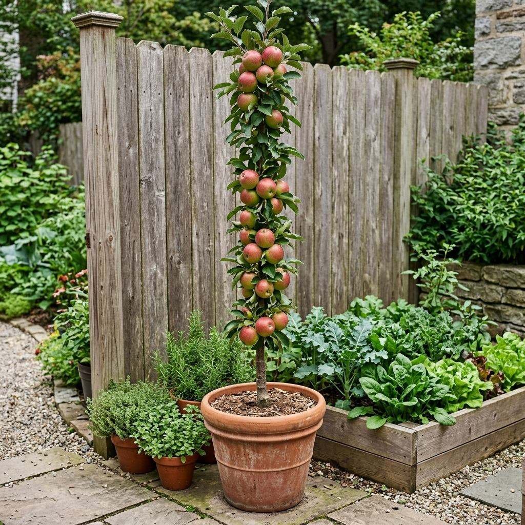 A columnar apple tree growing in a container as the vertical layer of a small homestead