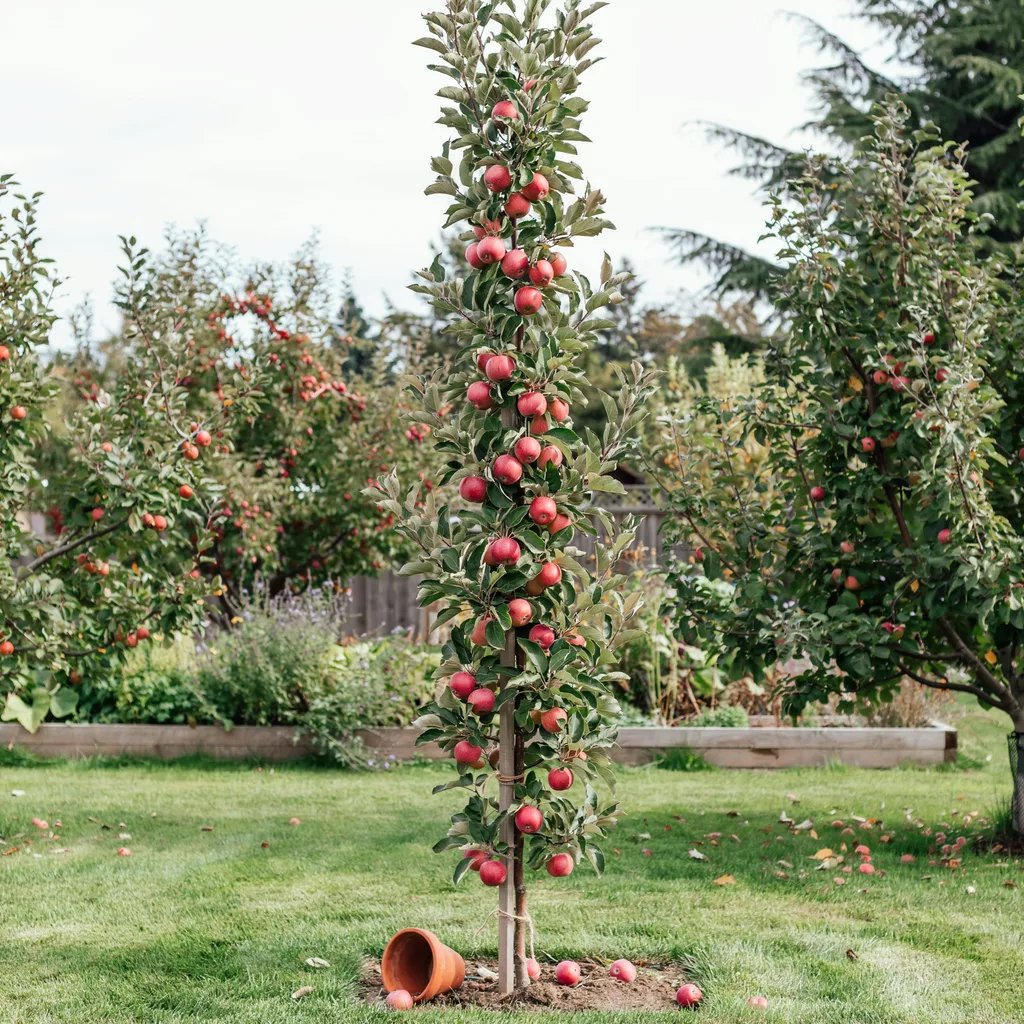 A columnar apple tree with full-size apples growing on a narrow upright trunk