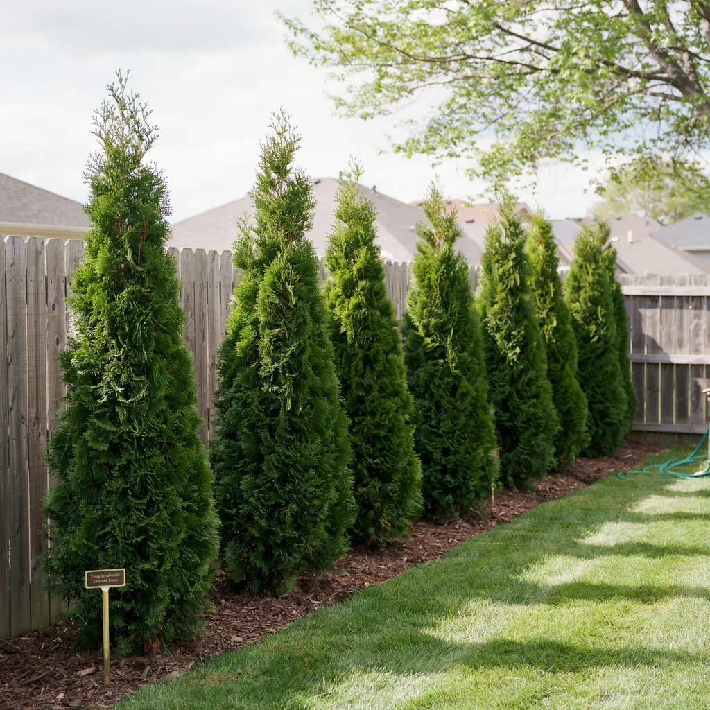 A row of narrow Emerald Green arborvitae trees planted along a property line