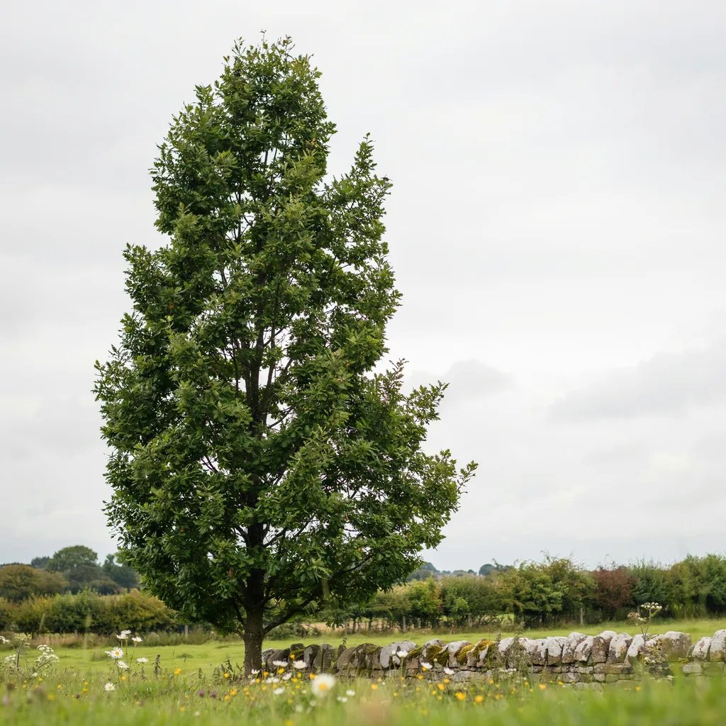 A columnar English oak tree with a narrow upright form