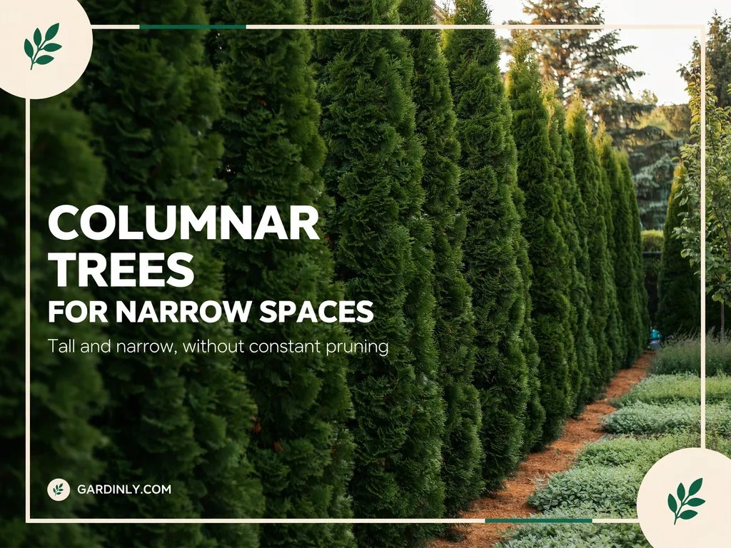 A row of narrow columnar trees planted along a tight side yard property line