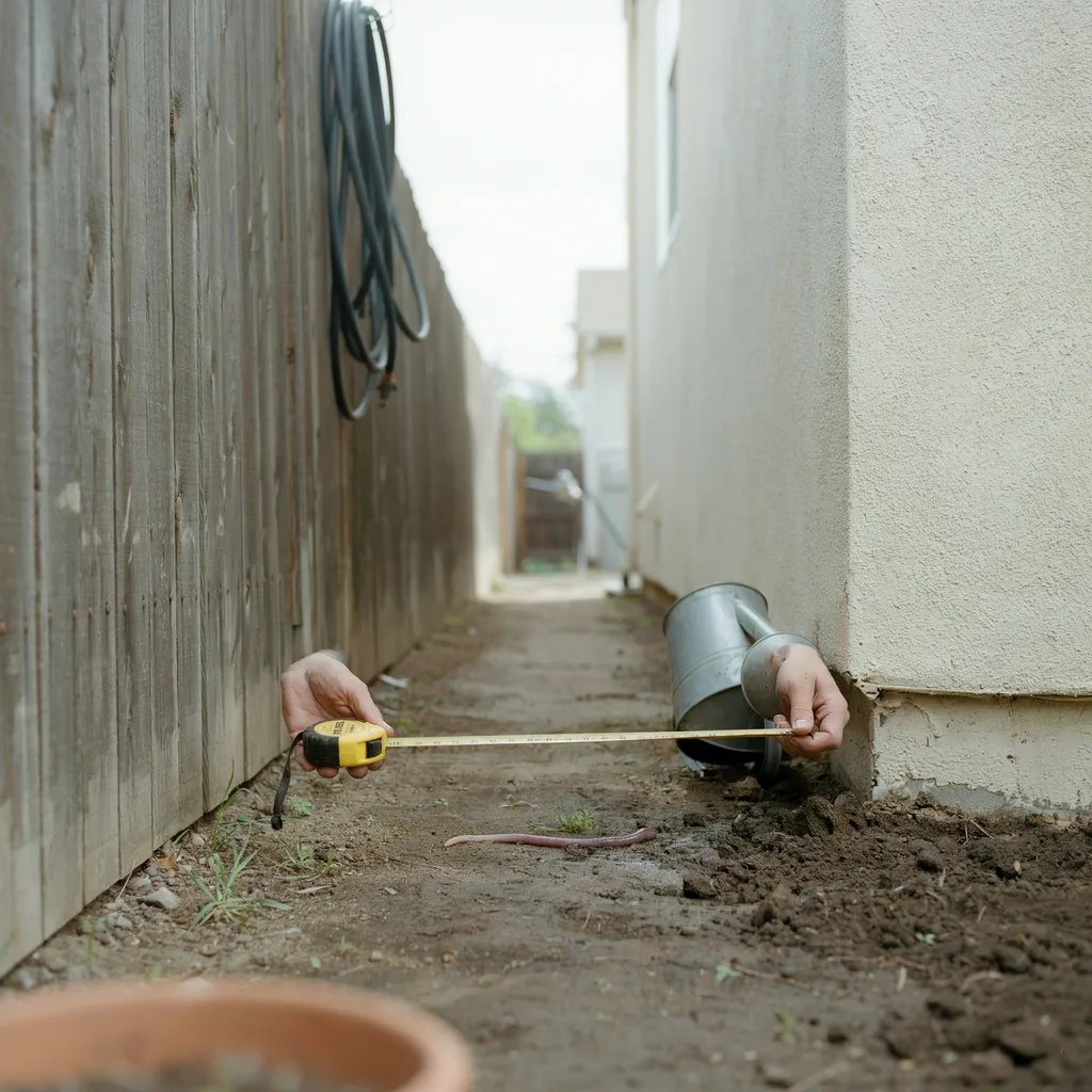 A gardener measuring a narrow side yard planting space with a tape measure