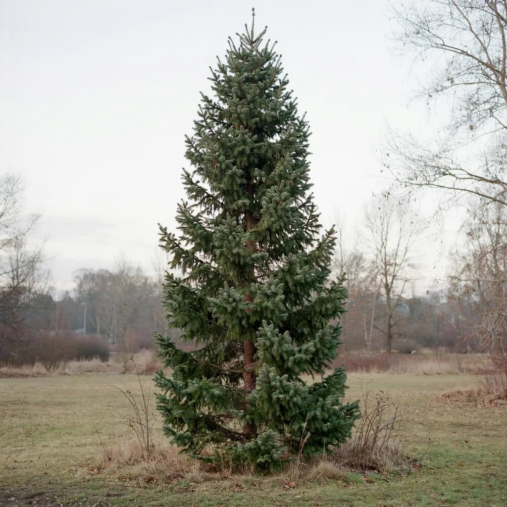 A columnar Norway spruce tree with dense narrow evergreen branching