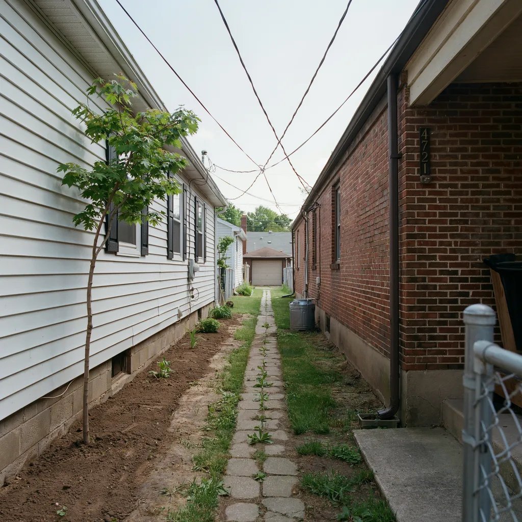 A narrow side yard between two houses too tight for a normal wide-canopy tree