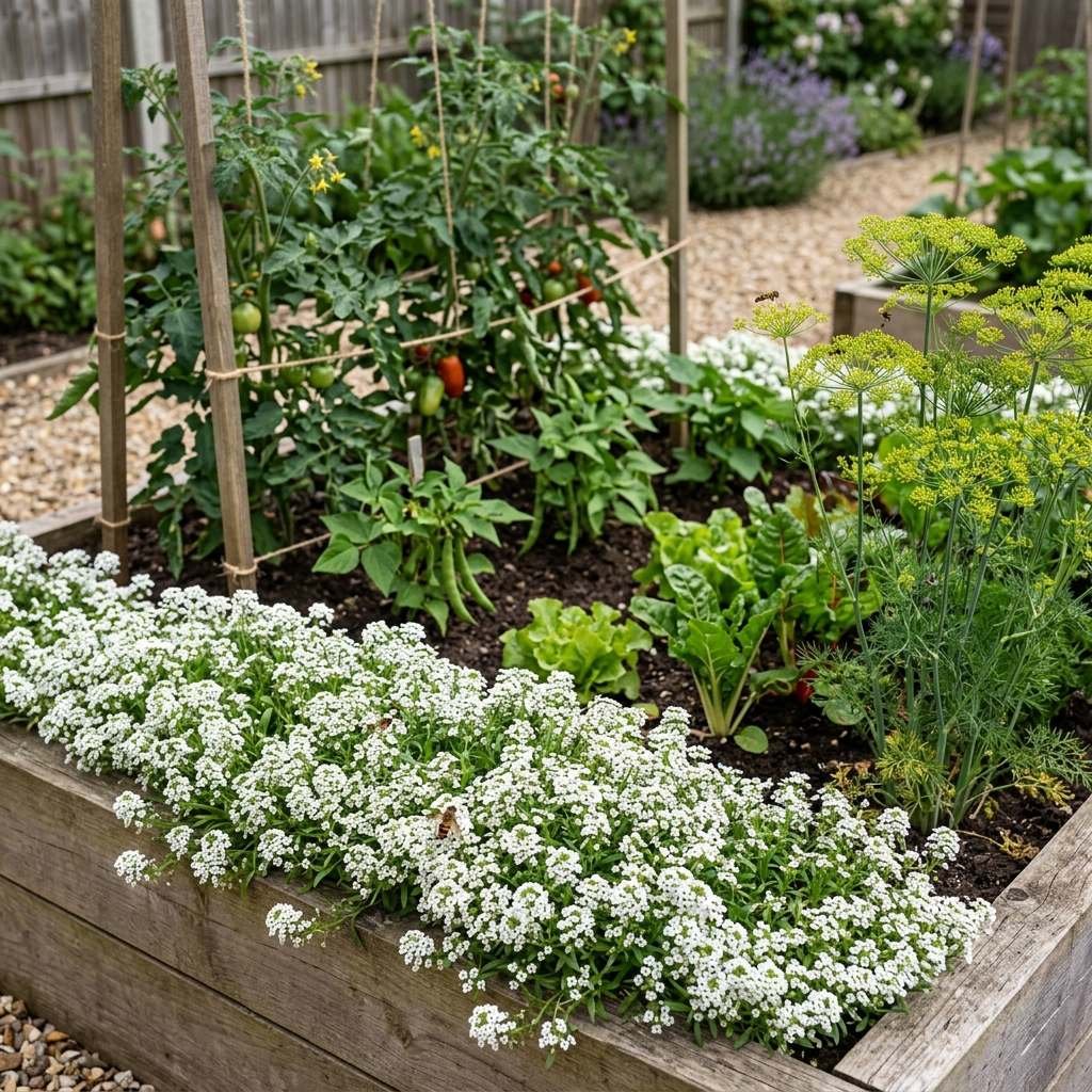 A vegetable bed edged with flowering companion plants that draw in pollinators