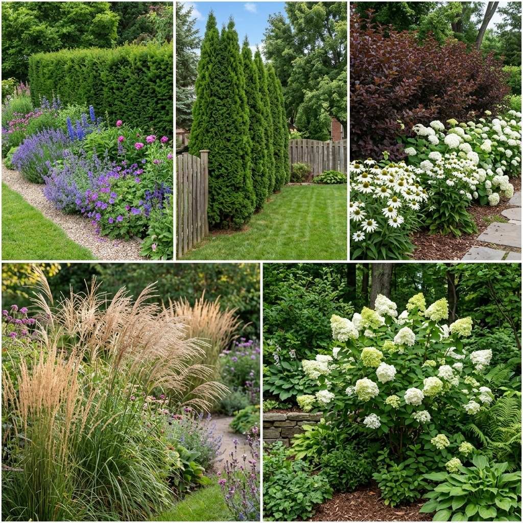Five-panel comparison of background plant categories from evergreens to grasses