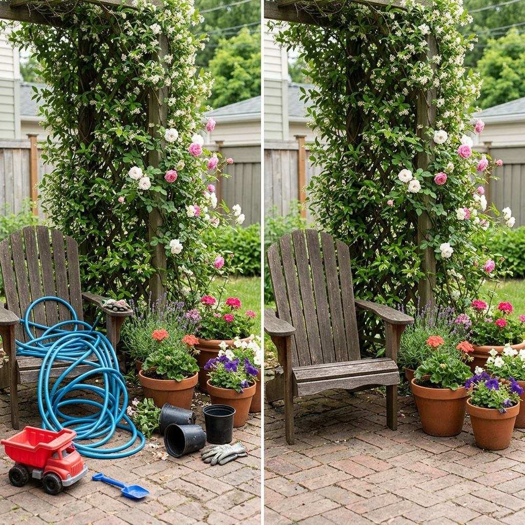 Before and after comparison of a backyard photo frame with clutter removed