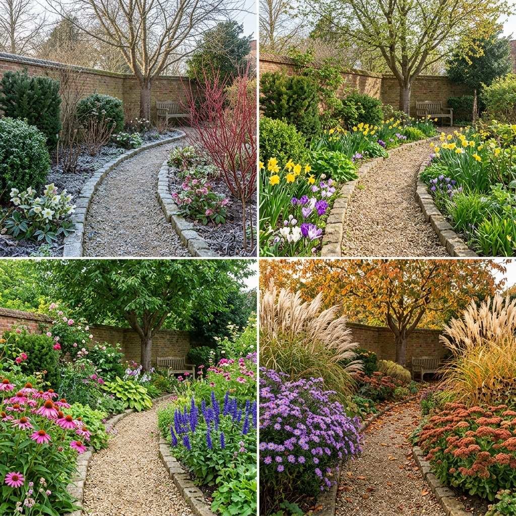 Four-panel comparison of the same garden bed across winter, spring, summer and fall