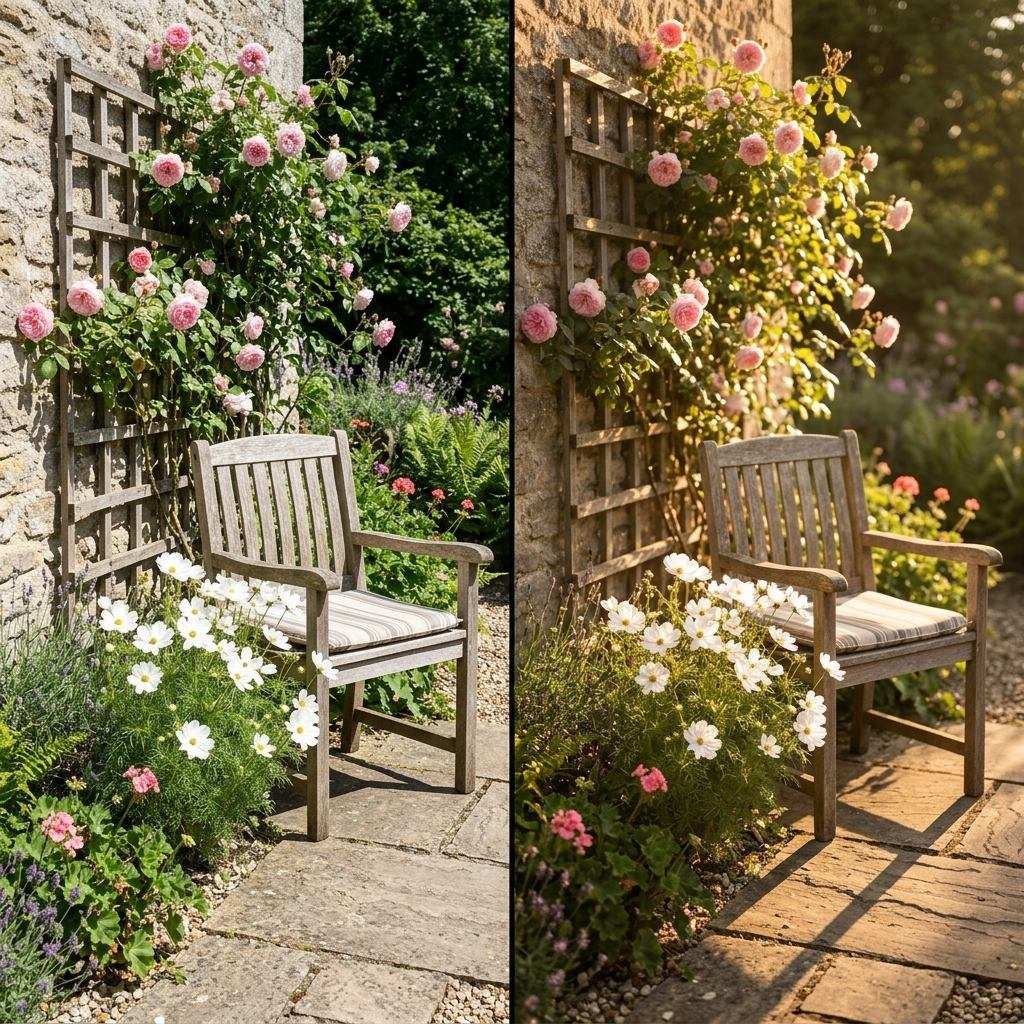 Side by side comparison of harsh midday light and soft golden hour light in a garden