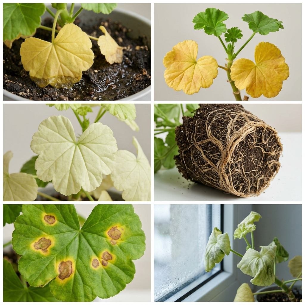 Comparison chart of common geranium leaf problems including overwatering, aging and disease