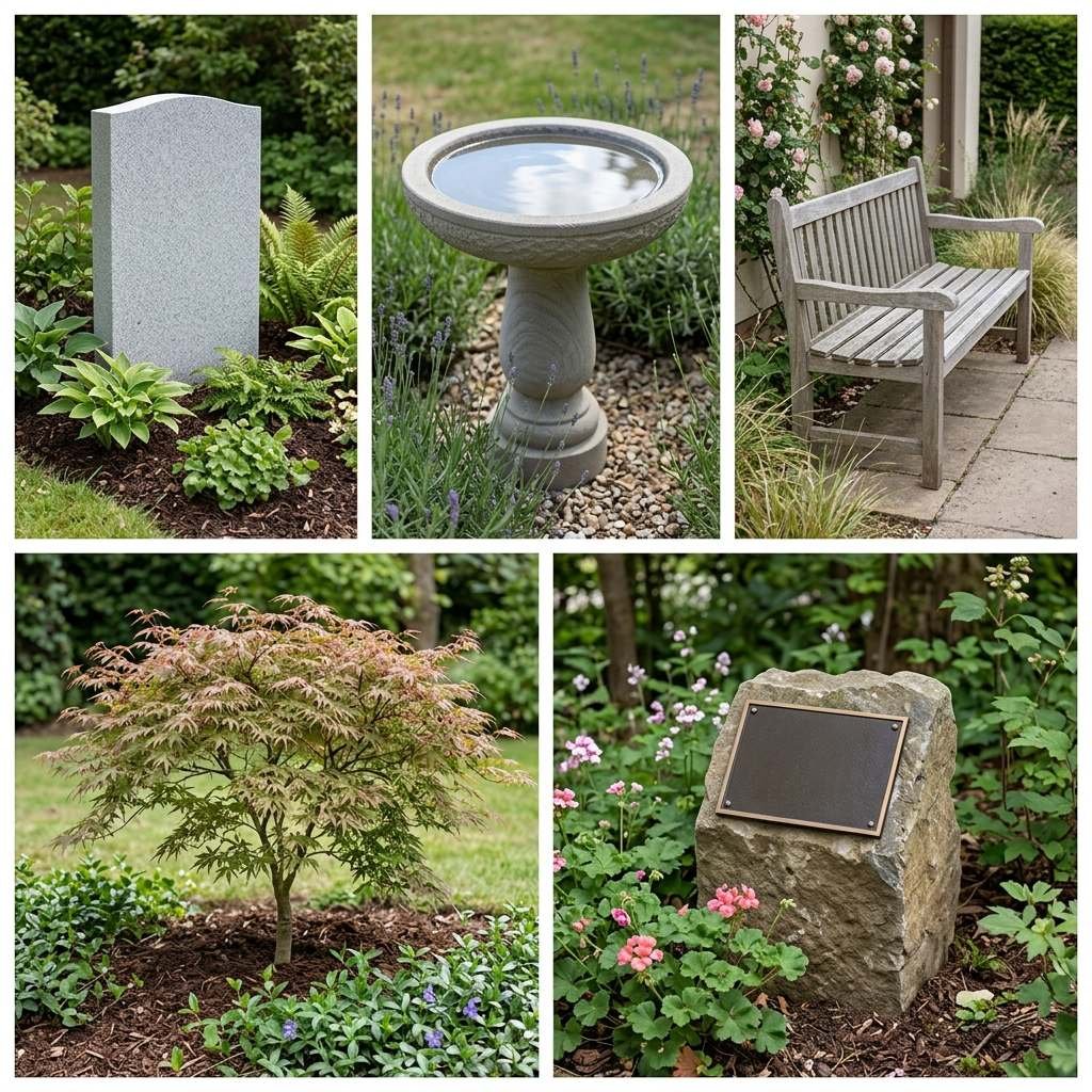 Comparison of memorial garden focal point options including stone, bench and tree