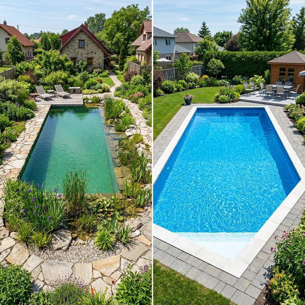 Side by side comparison of a natural swimming pool and a conventional chlorinated pool