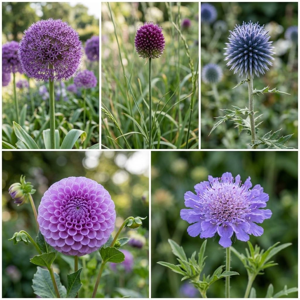 Botanical comparison of purple pom-pom flower options by size and bloom time