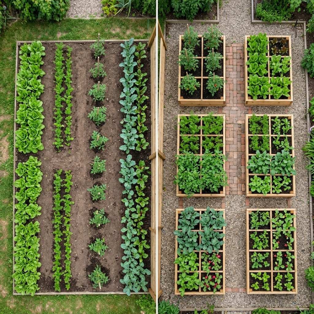 Comparison of traditional row gardening against the raised square-foot method