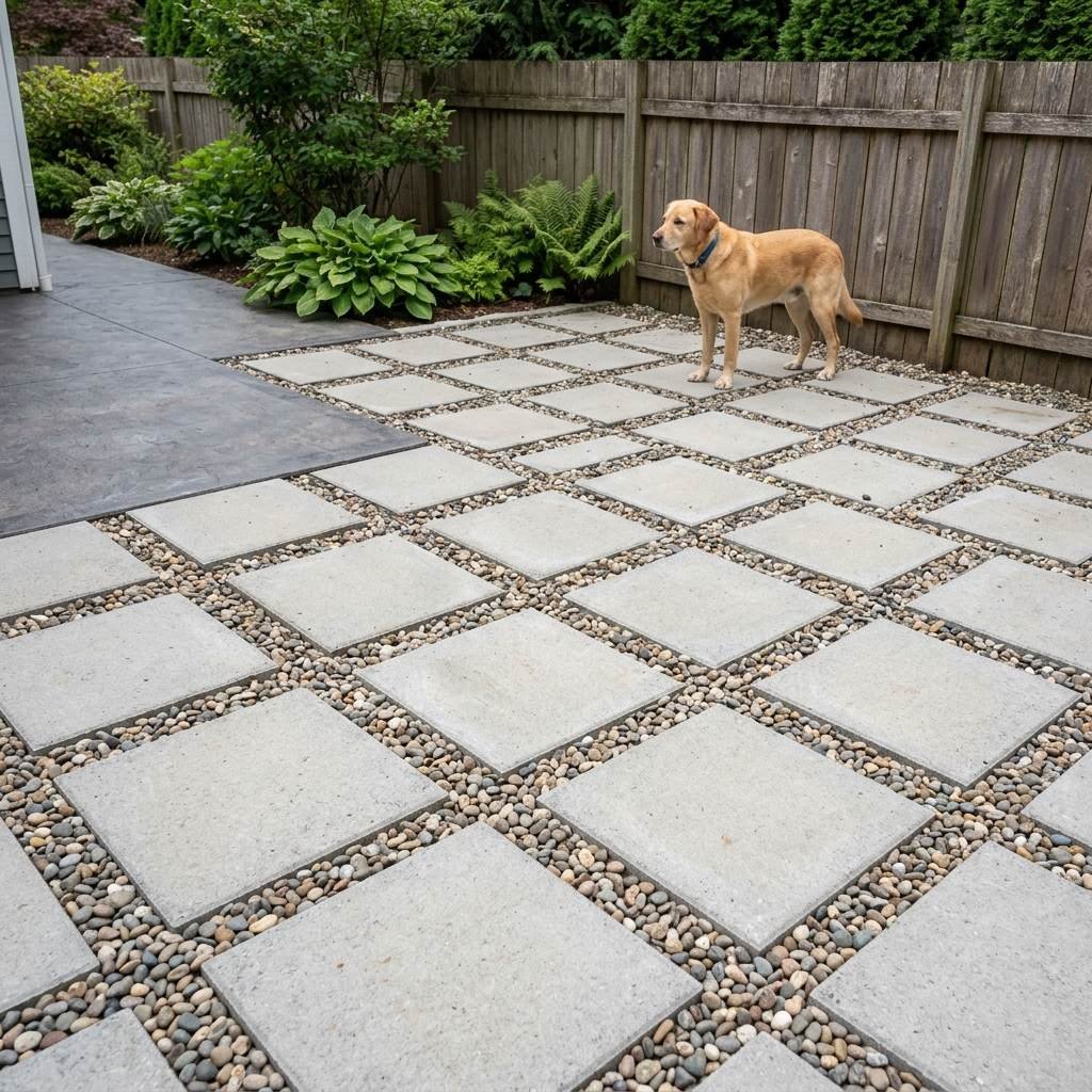 A dog standing on concrete pavers set with gravel joints for drainage