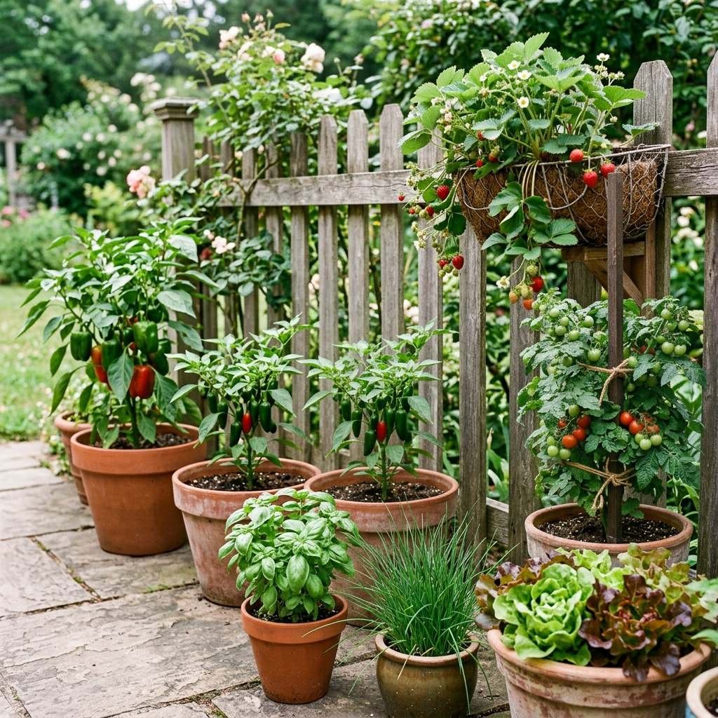 Edible containers lining a backyard patio to use otherwise wasted edge space