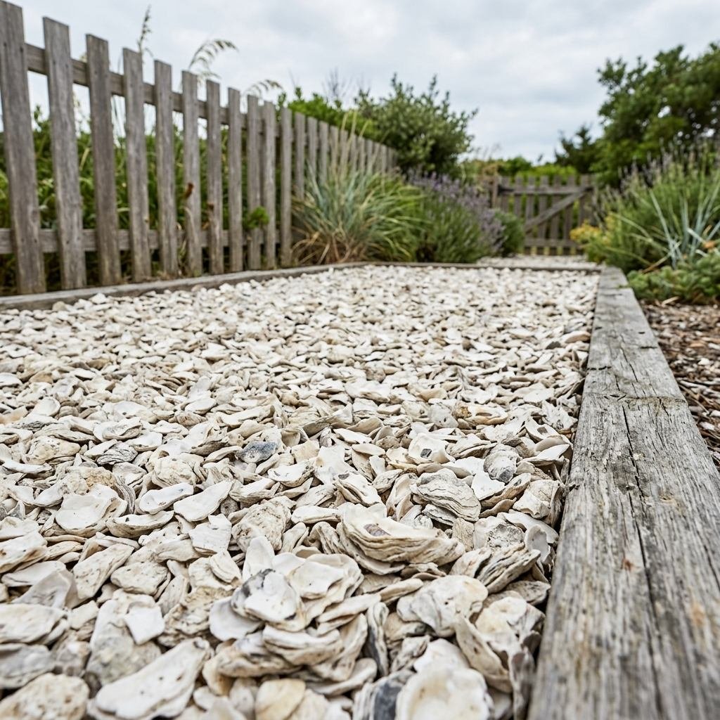 Crushed oyster shell surfacing in a backyard dog potty area