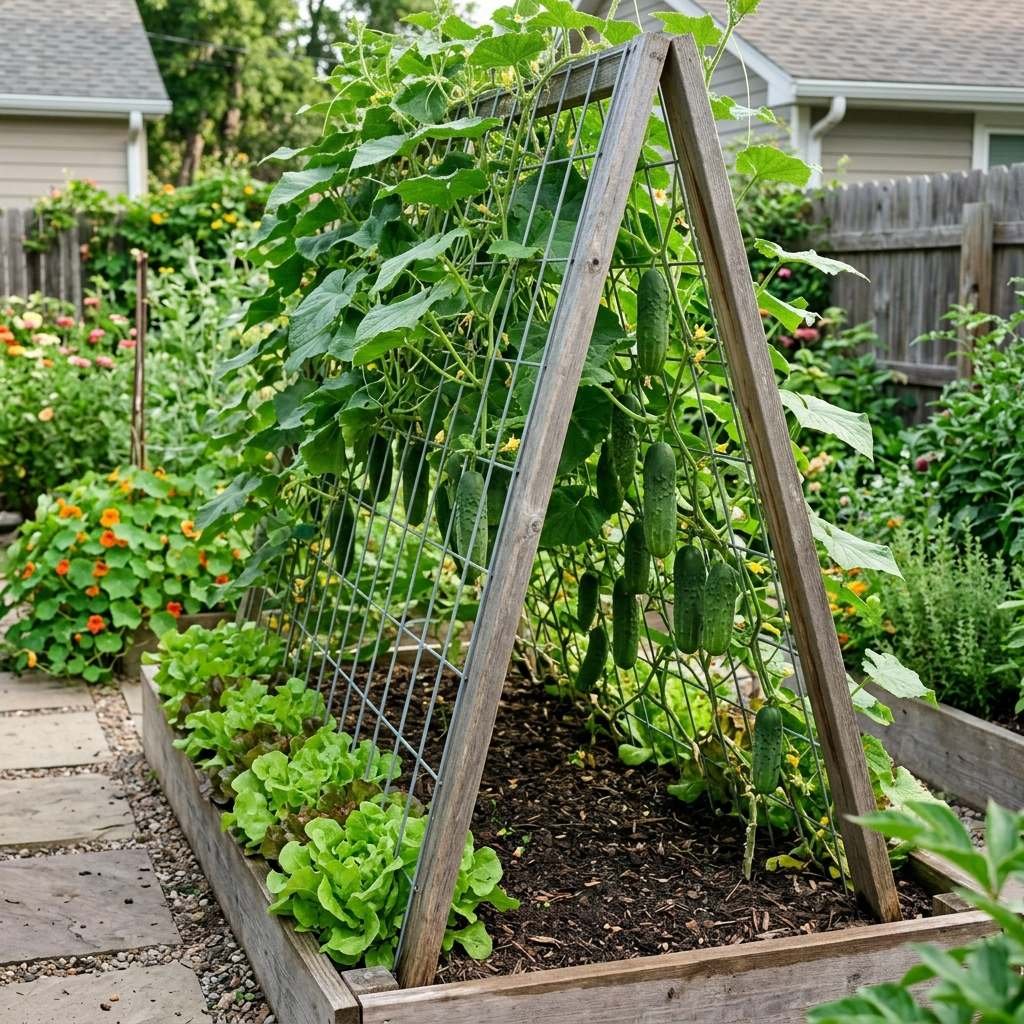 Cucumbers climbing an A-frame trellis to free up growing space below