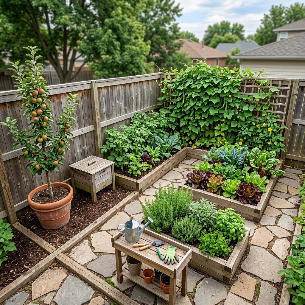 A planned layout showing how to layer crops across a compact 100 square foot backyard plot