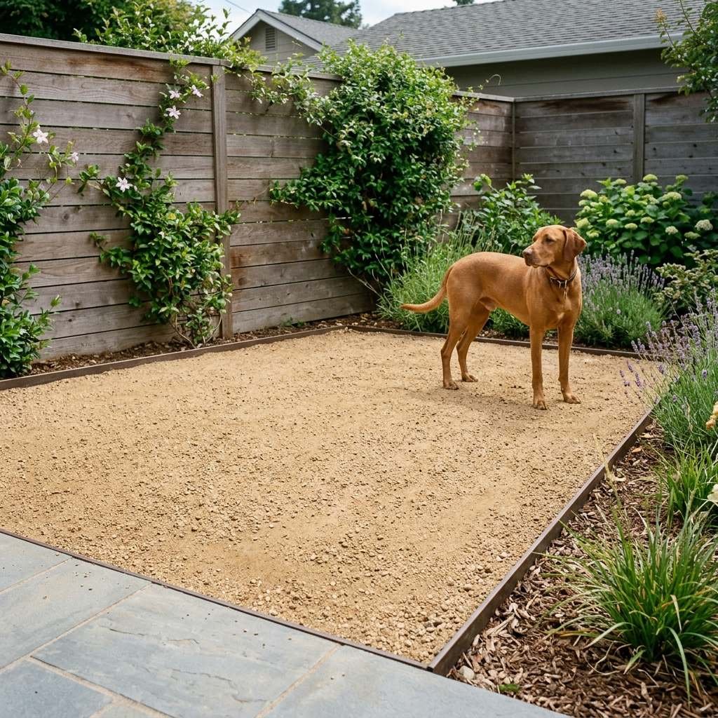 A dog standing on a compacted decomposed granite surface in a backyard