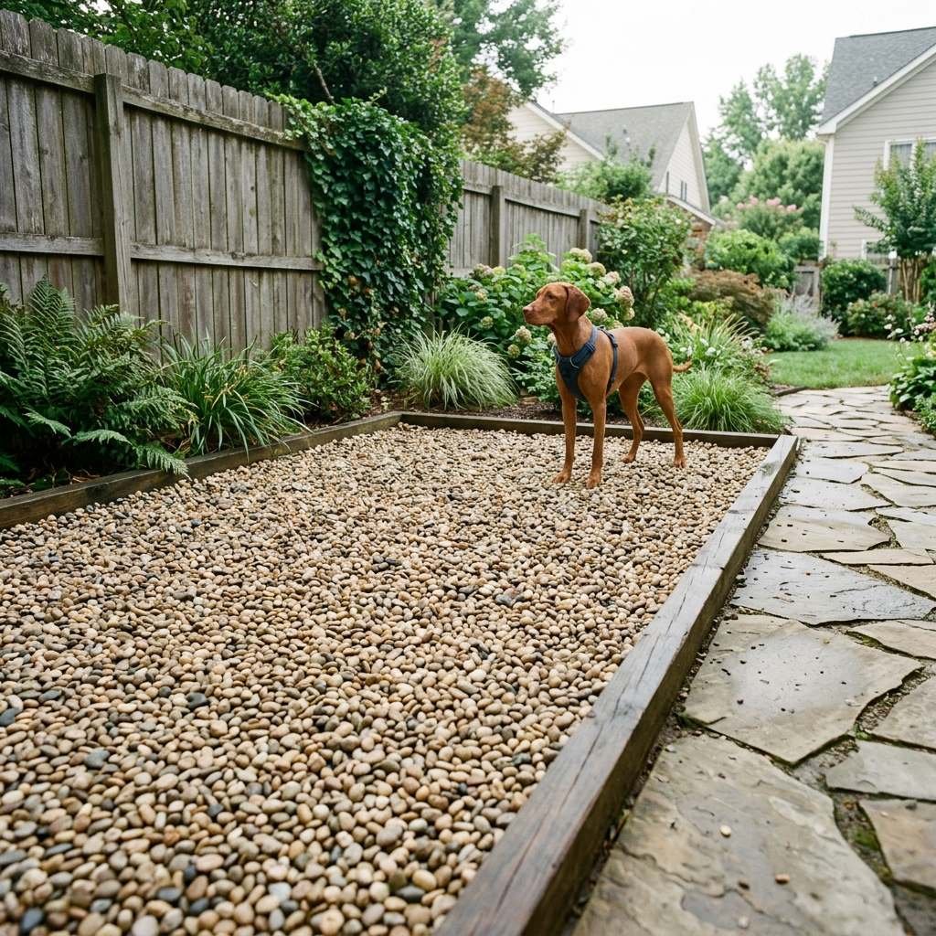 A dog standing on a pea gravel potty area in a backyard