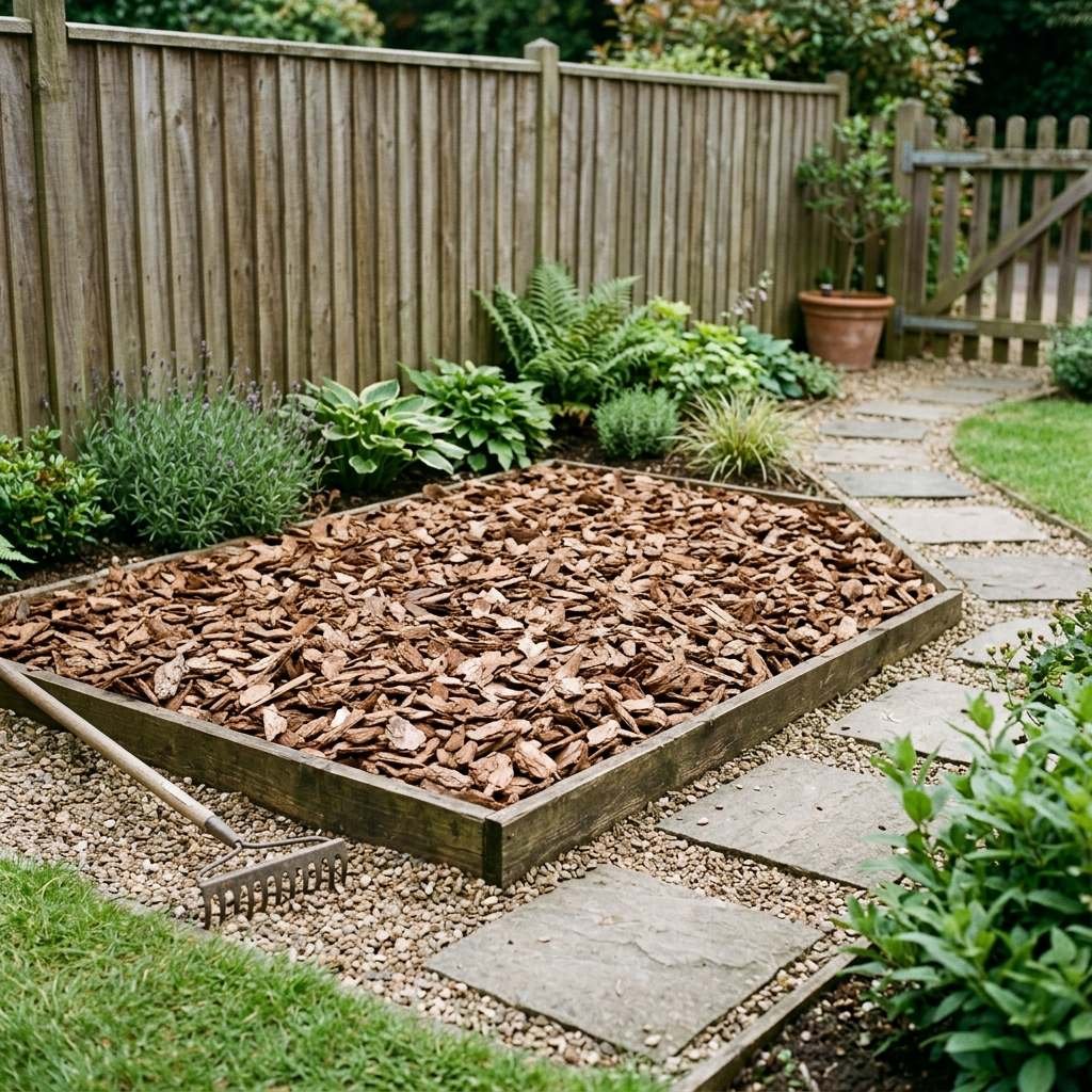 A mulched dog potty area using pet-safe non-cocoa bark mulch