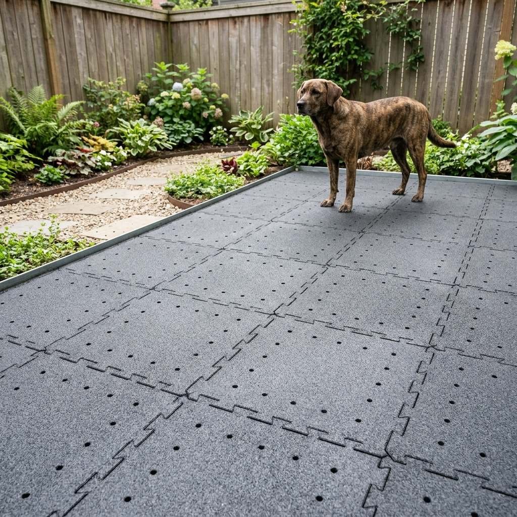 A dog standing on interlocking rubber paver tiles in a backyard