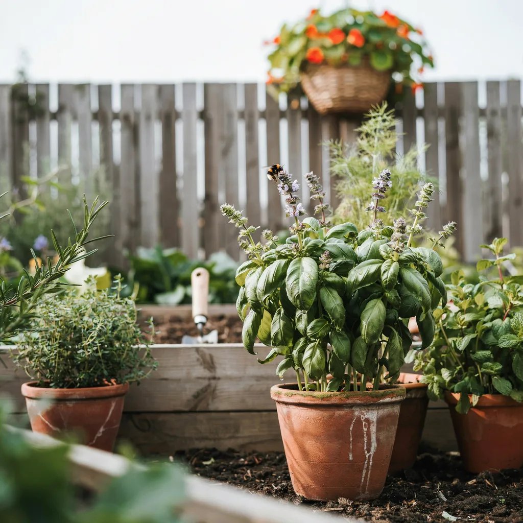 Fresh green basil plants growing in a productive herb garden