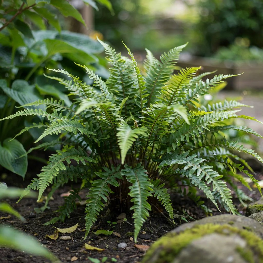 Lush arching fronds of a Boston fern in a shaded garden bed