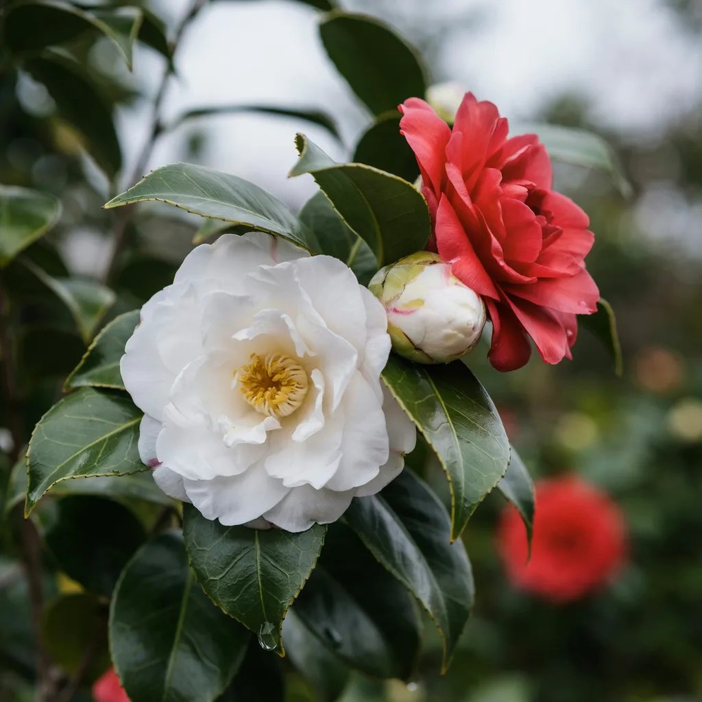 Large rose-like camellia blooms on glossy evergreen foliage