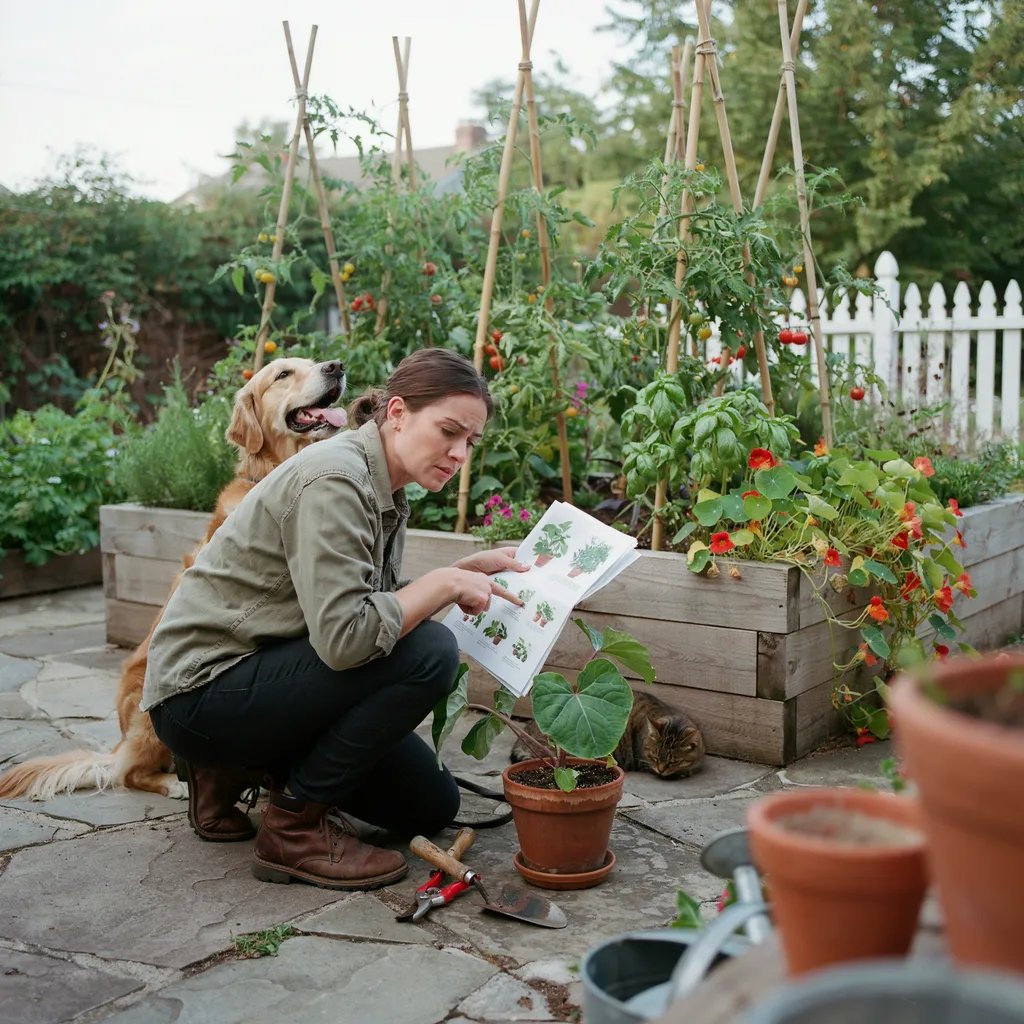A person cross-checking a garden plant against a toxic plant reference list while a dog waits nearby