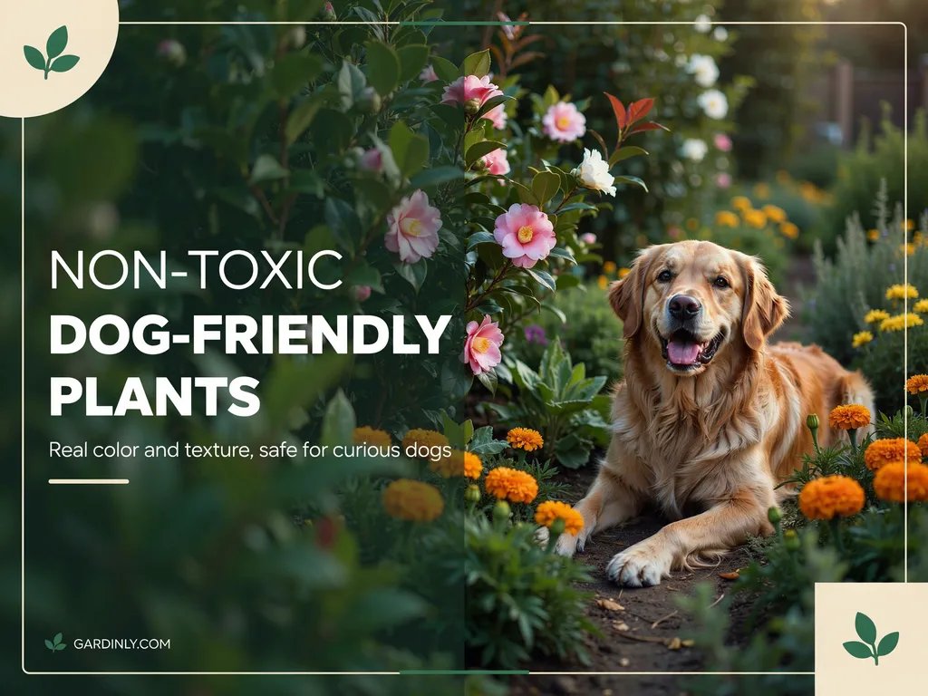 A dog resting in a garden bed filled with non-toxic, dog-safe flowering plants