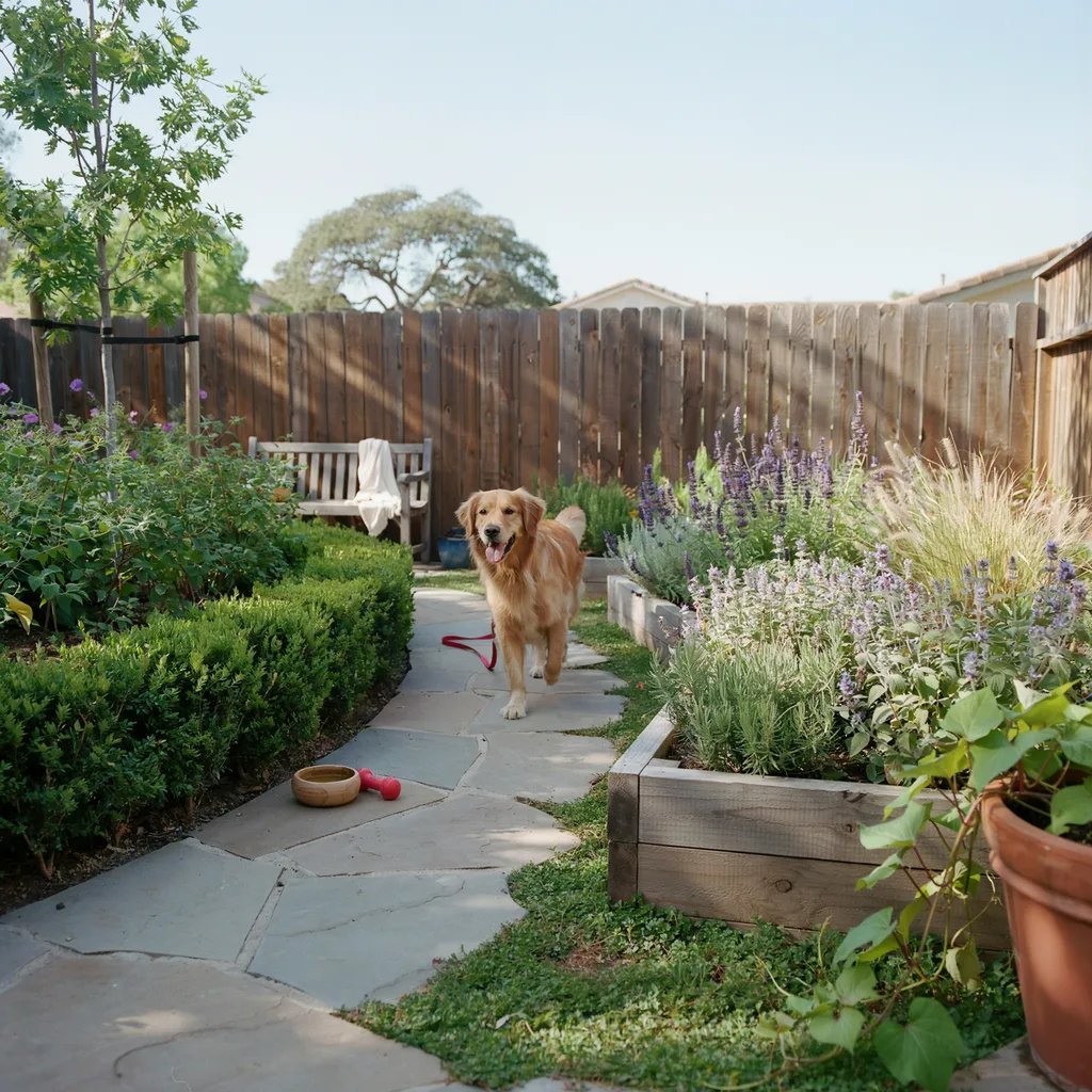 A well-designed dog-friendly garden layout with protective plant placement
