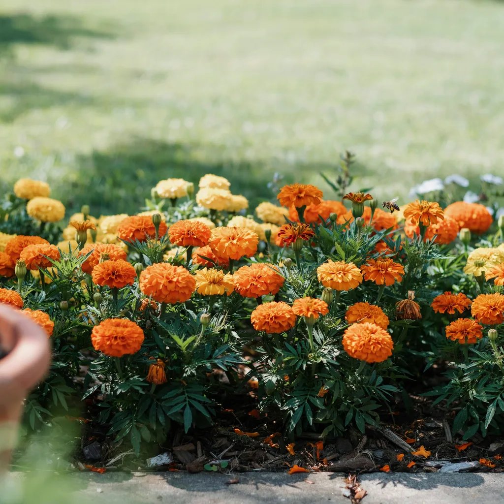 Bright orange and yellow marigold flowers lining a garden border