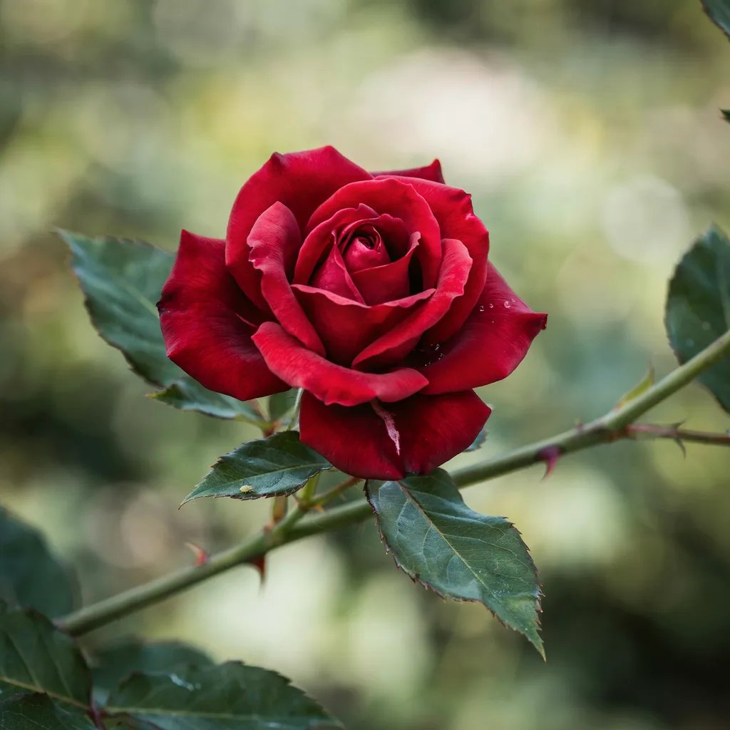 An elegant garden rose bloom showing visible thorns on the stem