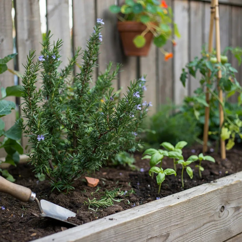 A healthy rosemary herb plant anchoring a kitchen garden bed