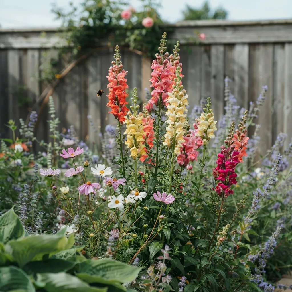 Tall colorful snapdragon flower spikes in a cottage garden border