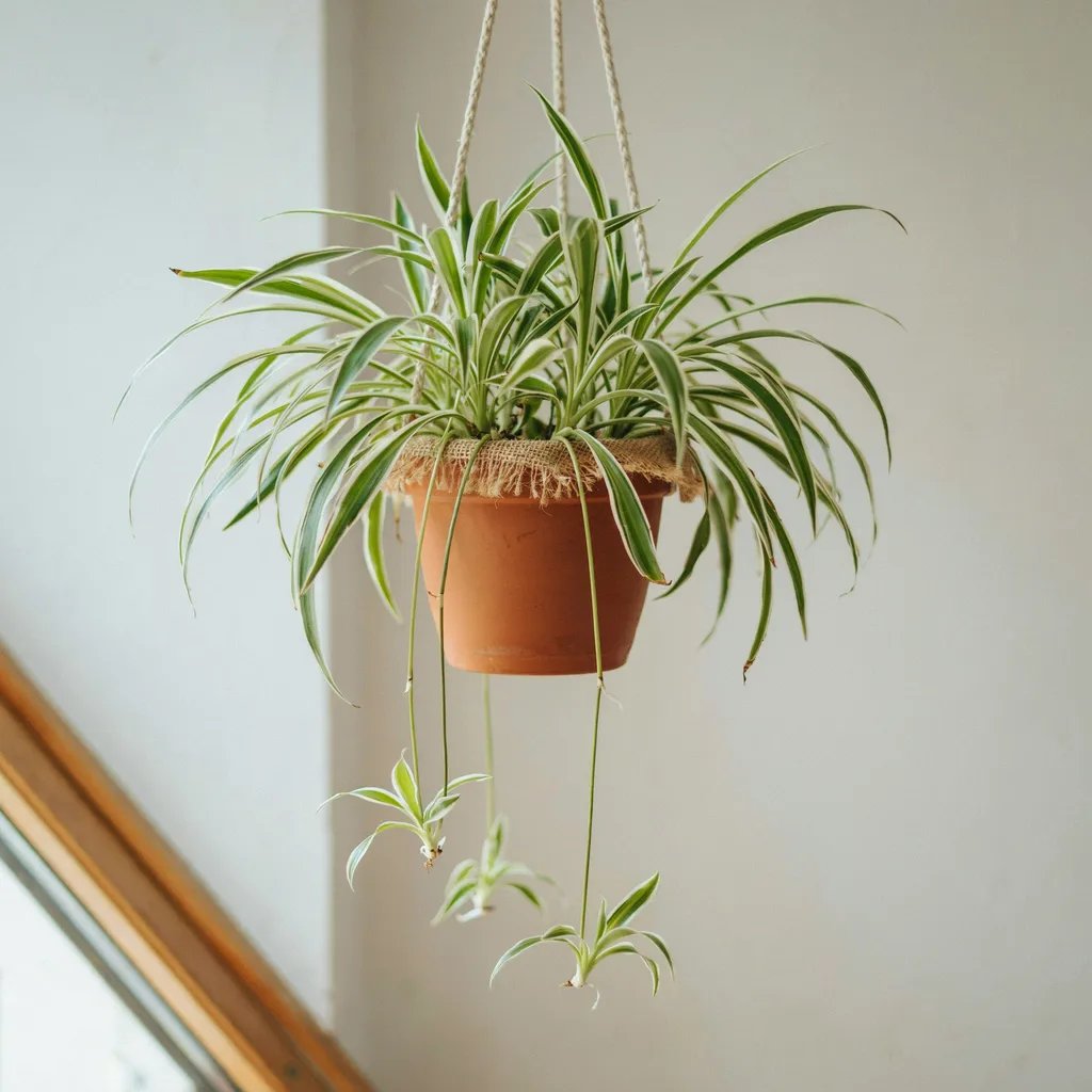 A trailing spider plant with variegated foliage in a hanging basket