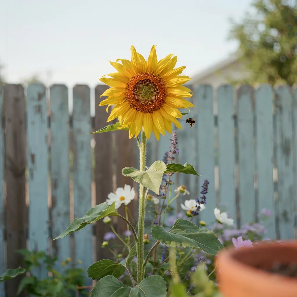A tall, bold sunflower with a bright yellow bloom