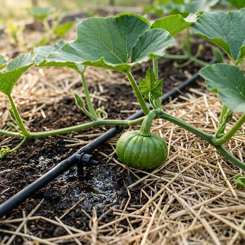 Drip irrigation delivering deep water at the base of a pumpkin plant