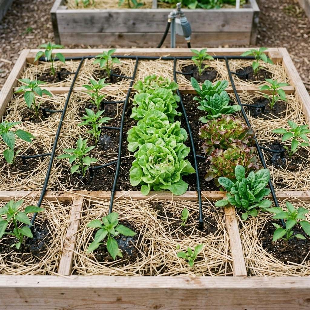 Drip irrigation lines watering a densely planted vegetable bed
