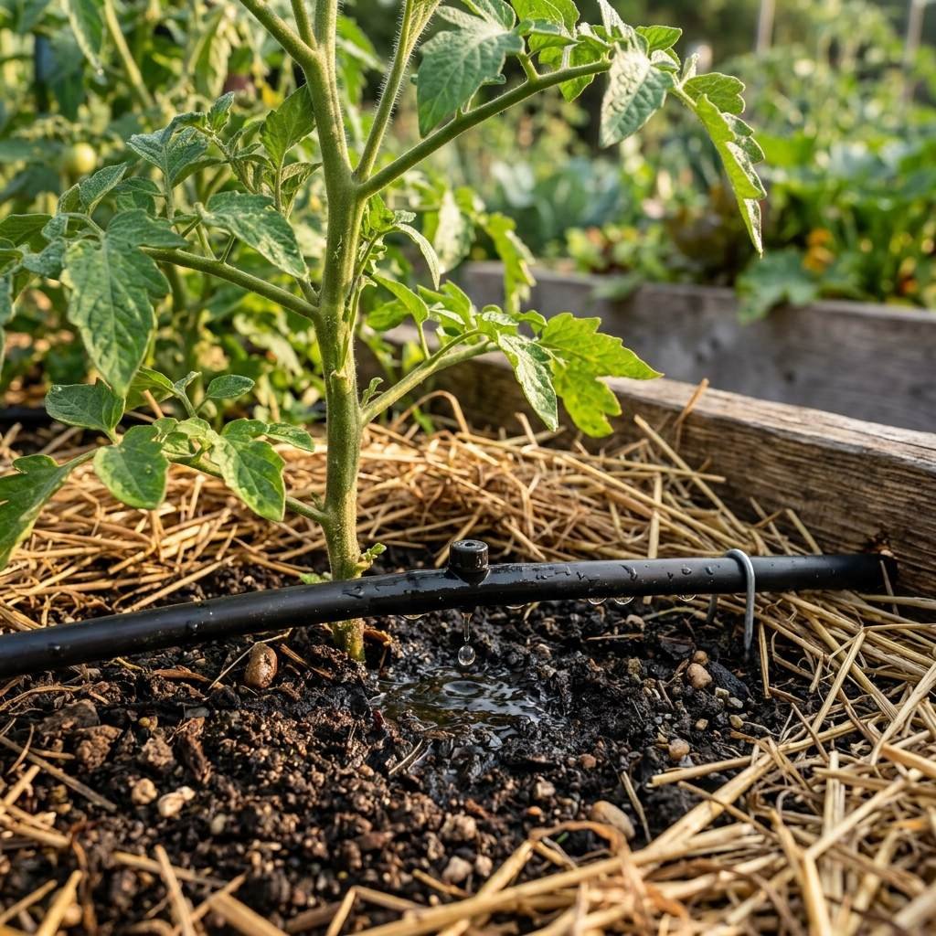Drip irrigation watering tomato plants at soil level to keep foliage dry