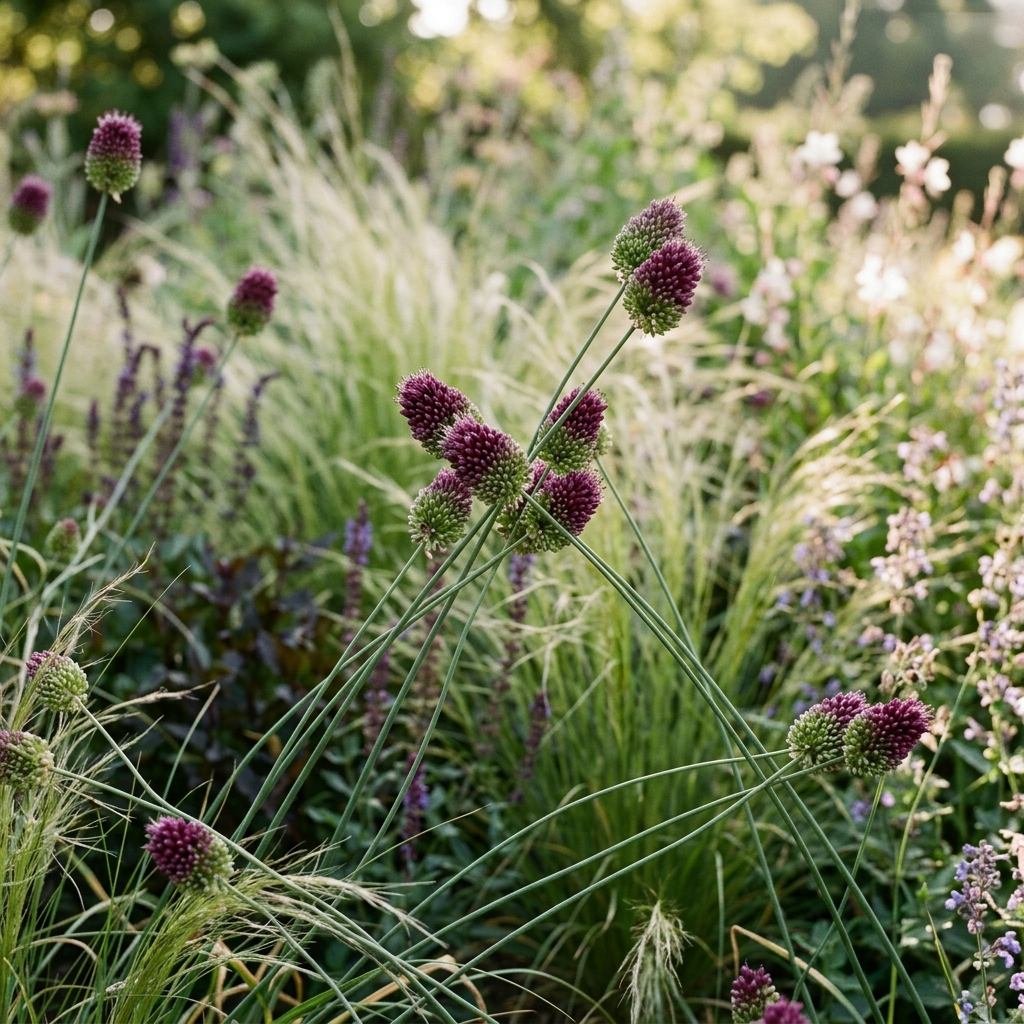 Small egg-shaped drumstick alliums threading through a garden border