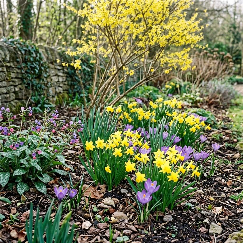 Early spring bulbs and flowers opening in a small garden bed