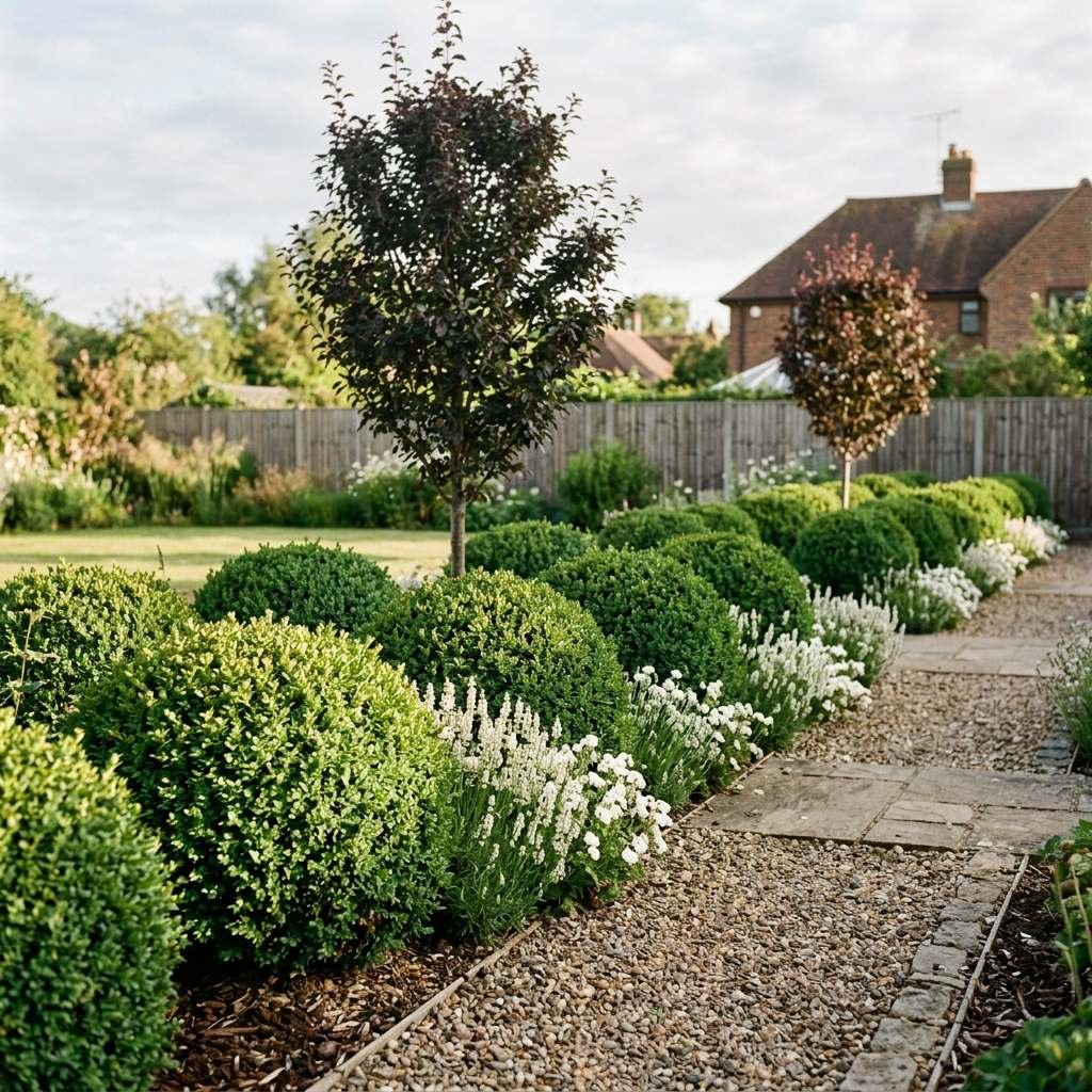 Evergreen shrubs forming the year-round structural backbone of a garden border