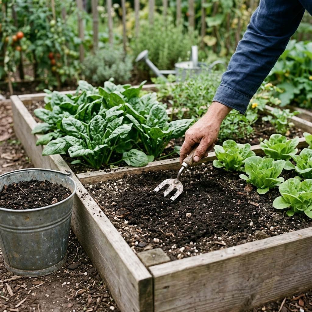 A gardener leveling fresh compost into a bed to support densely spaced crops